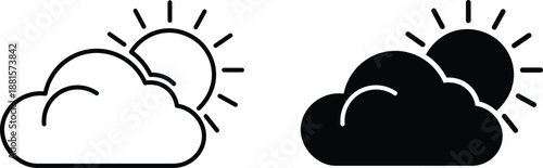 Sun behind cloud outline and solid weather symbols