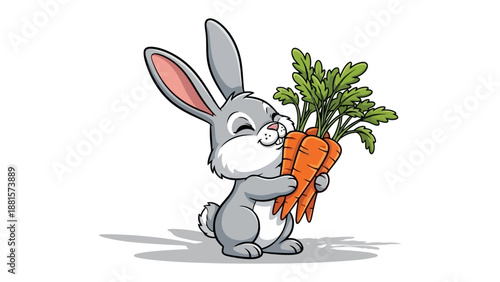 A cute cartoon rabbit is happily hugging a bunch of fresh carrots.