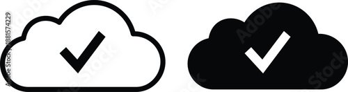 Two cloud with checkmarks one outlined white one solid black tick symbol