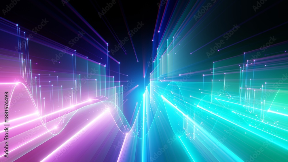 Obraz premium Futuristic Cyber City Data Visualization: Abstract Digital Skyline with Glowing Neon Light Beams and Motion Waves for Tech Background