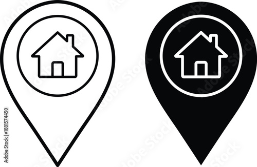 Two location pin one black one white with house symbol map marker house home symbol