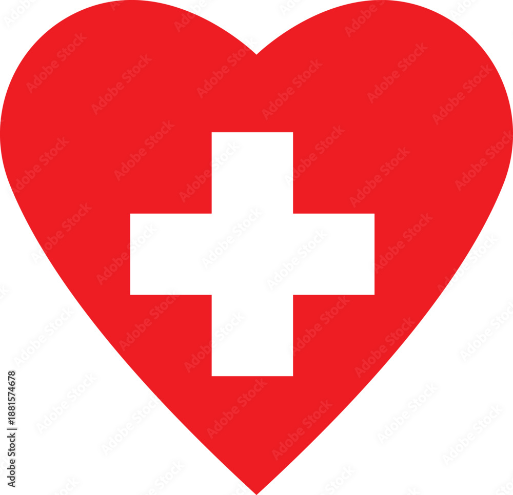 Obraz premium A red heart shaped button featuring the Swiss flag cross symbol as a vector illustration for medical pharmacy emergency first aid health and hospital web signs