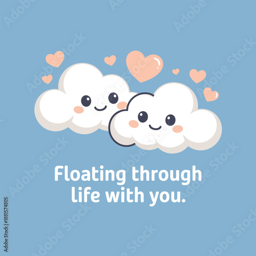 Two adorable clouds blissfully floating together with hearts, symbolizing sweet companionship and love