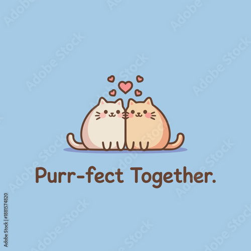 Purr-fect together: adorable cartoon cats snuggling with hearts on a blue background