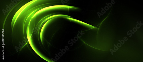 Bright green swirls dominate dark background. Smooth curves create dynamic, abstract visual effect. Light radiates from center.