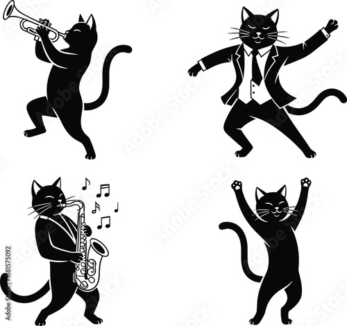 Funny black cat silhouette vector set playing jazz trumpet and saxophone, dancing in business suit, musical party illustration collection design.