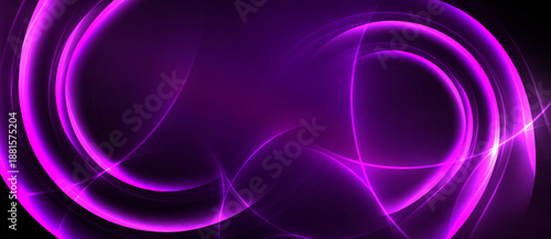 Abstract purple design features glowing curves, swirls, lines. Dark background emphasizes bright illumination, creating dynamic visual effect.
