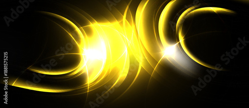 Bright yellow energy flows, swirling curves create dynamic light effect. Dark background emphasizes radiant glow, abstract design.