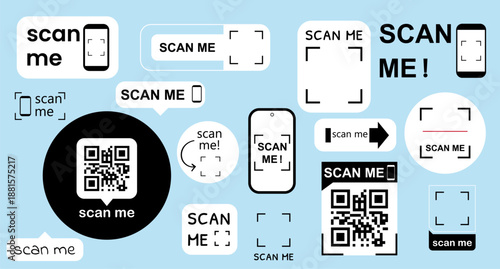 Scan me badge collection. QR code scan icon set with smartphone frames. Barcode, phone scanner icons, mobile scanner. Creative vector templates for retail discounts, smart payment, website integration