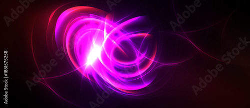 Bright pink, purple swirls radiate from central light source. Dark background emphasizes glowing curves, creating abstract energy effect.