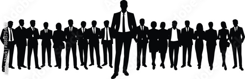 Business leader silhouette standing confidently before corporate team, professional leadership workforce group vector illustration
