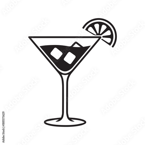 Vector black and white illustration of a martini cocktail glass with ice cubes and a lemon slice, isolated linear beverage icon on white background.
