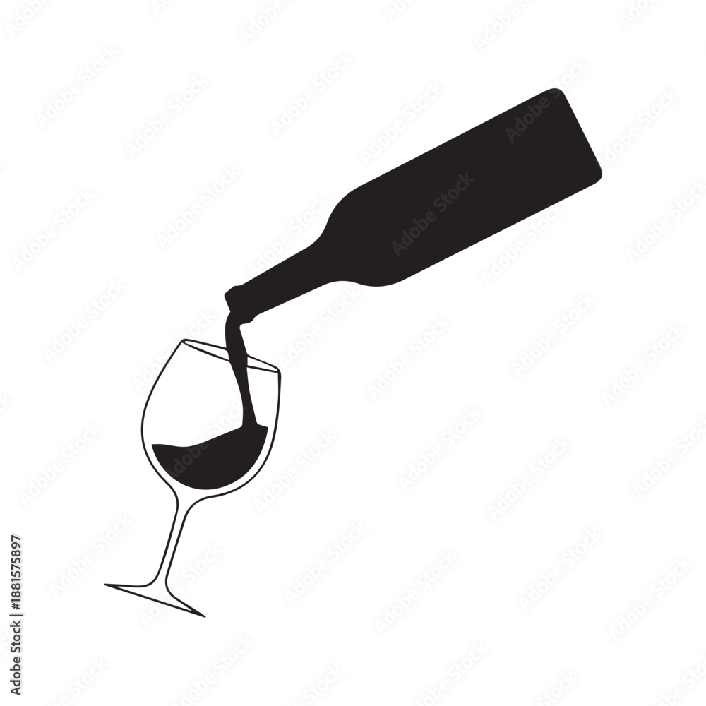 Naklejka premium Vector black silhouette of a wine bottle pouring drink into a wineglass, isolated icon of alcohol serving on white background. 