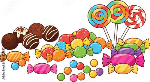 Colorful Candy Collection with Wrapped Sweets, Lollipops, Chocolate Truffles, Gummies, Bonbons and Bright Sugar Candies on White Background