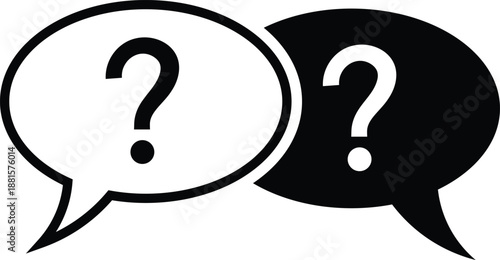 Two speech bubbles with question marks one white one black communication