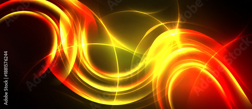 Abstract energy flows, vibrant reds, yellows dominate dark background. Swirling lines create dynamic visual impact. Brightness contrasts sharply.
