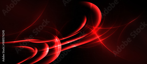 Abstract red lines curve, swirl against black background. Dynamic energy radiates from glowing shapes, creating modern visual impact.