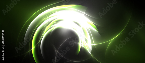Abstract swirls, luminous energy, green hues dominate dark background. Bright center radiates outward, creating dynamic visual effect.