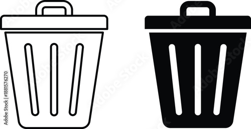 Two trash can one outlined white one solid black waste bin garbage can