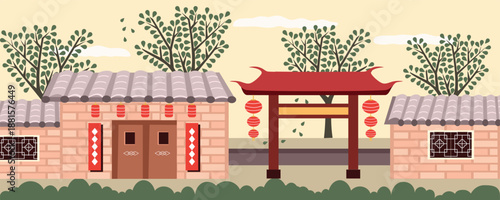 Traditional Chinese Village Scene with Red Gate and Lanterns. Chinatown house illustration. Brick house. Chinese new year.