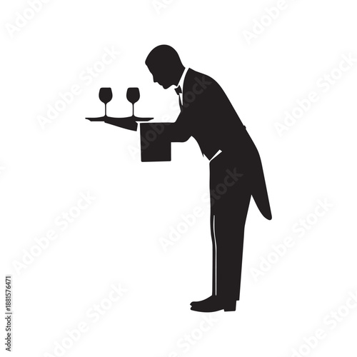 Silhouette of a waiter bowing while serving wine on a tray, vector black and white illustration of a butler or server isolated on white background.
