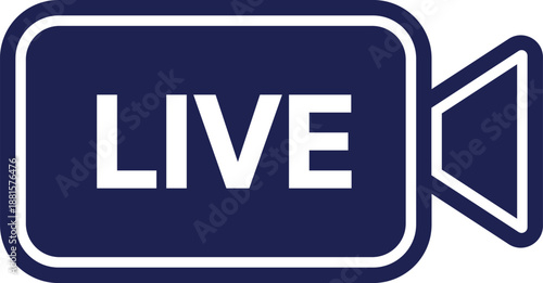 White LIVE text on a dark blue rounded rectangle camera live streaming