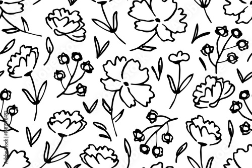 Simple floral black and white print for fabric, textile products, packaging. Seamless repeating vector pattern.  Flowers with a black outline. Hand-drawn ink drawing.