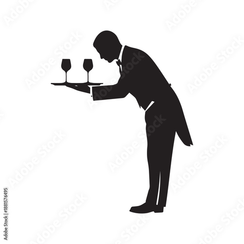 Silhouette of a waiter bowing while serving wine on a tray, vector black and white illustration of a butler or server isolated on white background.
