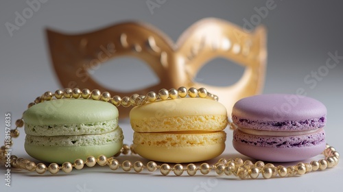 Mardi Gras celebration with colorful desserts and mask