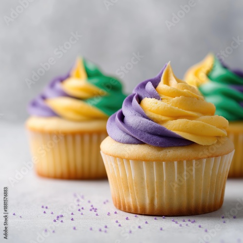 Mardi Gras cupcakes with colorful frosting in New Orleans celebration