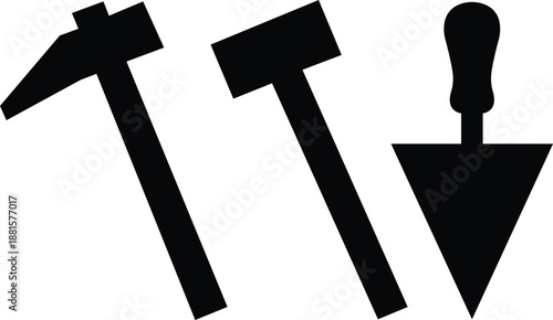 A 3d vector illustration featuring a shovel and a set of tools for construction including a metal hammer and black steel equipment designed as a business symbol for repair success