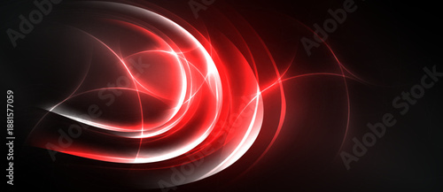 Abstract red, white lines swirl against dark background. Dynamic energy radiates from central focal point. Modern design.