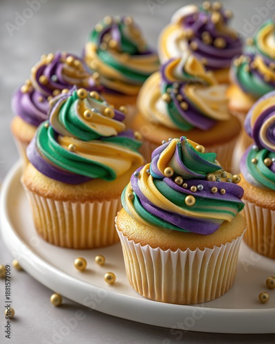 Mardi Gras cupcakes on a white plate with festive colors