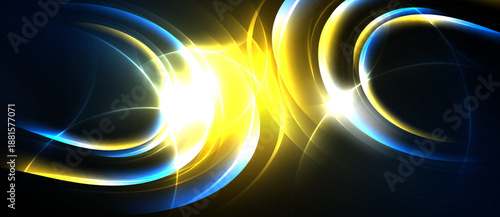 Abstract design features vibrant blue, yellow light curves. Dynamic composition creates energetic visual impact. Smooth gradients dominate.