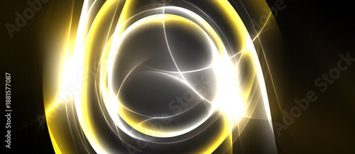 Abstract golden swirls, bright light effects, dark background. Circular shapes create dynamic visual energy, modern design.