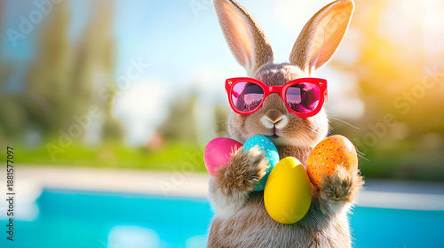 A bunny in glasses holding Easter eggs in its paws against a backdrop of a swimming pool and sunny sky