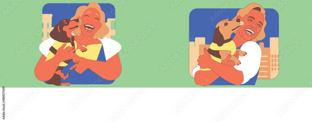 Fototapeta premium Joyful woman lovingly embraces her adorable dachshund dog on a vibrant background