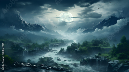 Foggy landscape in the jungle. Fog and clouds mountain tropical valley landscape