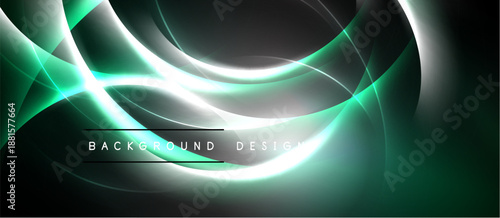 Abstract flowing lines create dynamic background. Green, white glows contrast dark space. Modern design element.