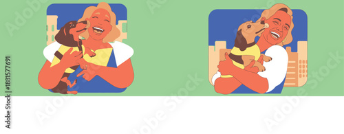 Joyful woman lovingly embraces her adorable dachshund dog on a vibrant background