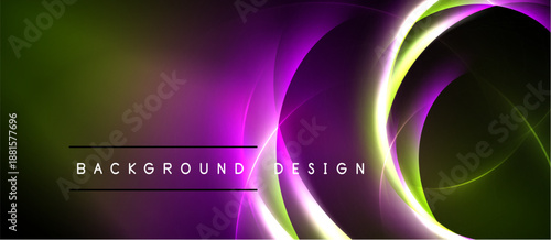 Abstract background features vibrant curves, gradients. Purple, green hues dominate design, creating dynamic visual effect. Text reads background design.