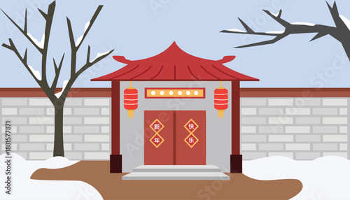 Traditional Chinese Gate in a Snowy Winter Landscape. Chinese tample. Traditional house building. House landscape.