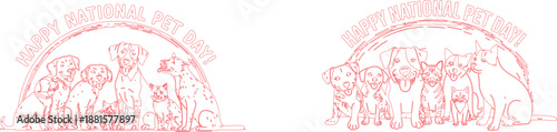 Numerous happy outline dogs and cats gather together for a special National Pet Day commemoration