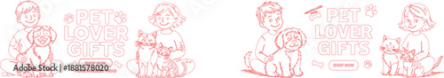 Outline drawing shows children with their beloved pets promoting pet lover gift ideas