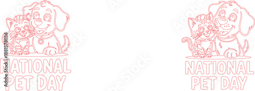 Outline drawing of a happy puppy and kitten celebrating National Pet Day together