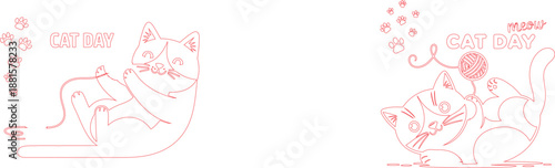 Red outline cats playfully tangled with yarn celebrating Cat Day with scattered paw prints