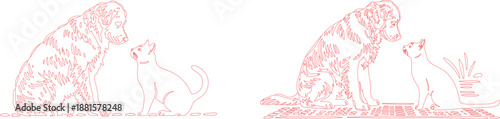 Red outline drawing of a dog and a cat sitting calmly together on a textured ground facing each other