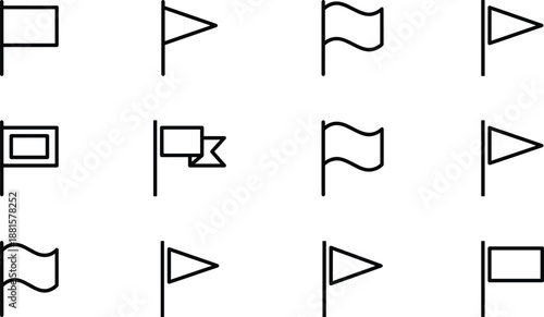Minimalist flag icon set featuring rectangular triangular and waving pennant symbols for location marking goal achievement map pins and notification indicators in interface design