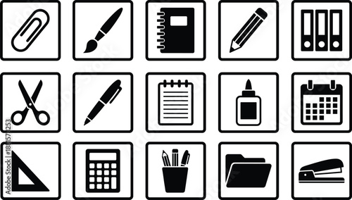 Collection of black office stationery icons featuring paper clip paintbrush notebook pencil scissors pen glue calendar calculator folder and stapler for education and workplace design