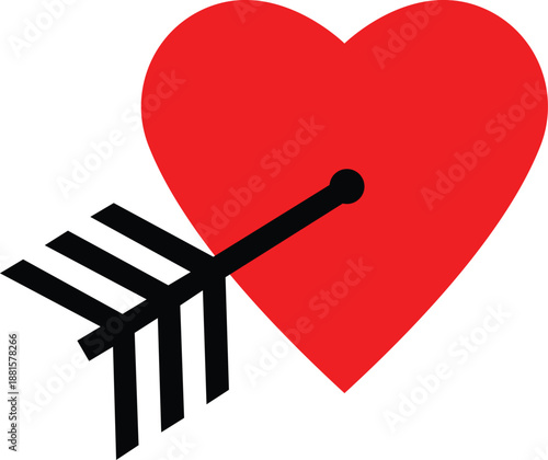 A red heart with an arrow and ribbon serves as a romantic vector illustration and symbolic gift icon for a Valentine's Day holiday celebration of love and passion